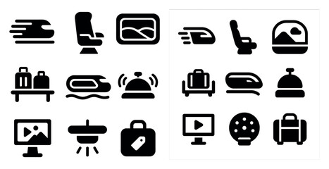 Travel and tourism solid icons set – silhouette, filled, vacation planning symbols