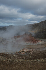 Geothermal Area with Steaming Vents and Sulfur Stained Rocks in Iceland
