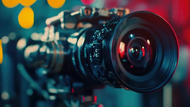 A detailed view of a camera mounted on a tripod, suitable for photography and videography