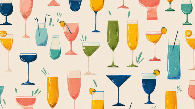 Seamless pattern with glasses and goblets of alcoholic drinks on a white background. Different types of glasses and goblets with cocktails and wines create a cheerful mood. Flat 