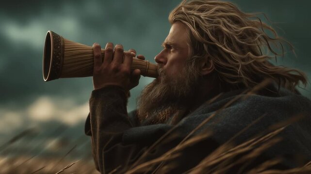 Viking Blowing Horn in Windy Field