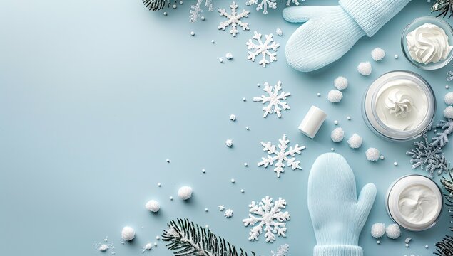 A pastel blue background features a winter scene with mittens, snowflake decor - Powered by Adobe