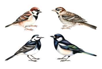Watercolor painting of sparrow, wagtail, and tit birds in natural poses.