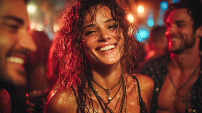 Joyful young friends laughing and dancing under rain in a nightclub, radiating happiness, celebration, and energy