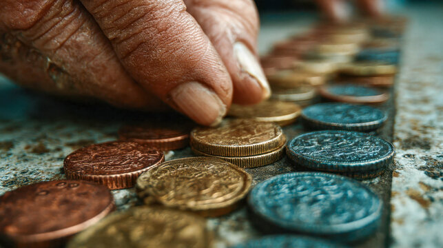 Close-up of an elderly woman's hand carefully counting coins on a rough surface, symbolizing frugality and economic hardship