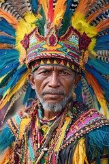 Obraz premium Tribal elder in traditional ceremonial attire with colorful beadwork and feathers, cultural heritage portrait