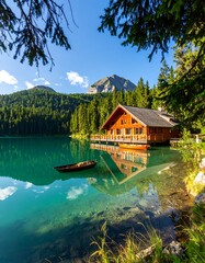 Naklejka premium Lakeside cabin at dawn