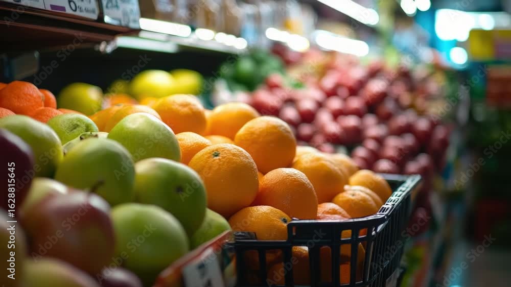 Poster a colorful arrangement of oranges and apples on a shelf in a store