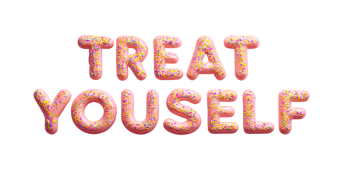 Sweet Treat Yourself Typography with Pink Donut Glaze and Sprinkles on Black Background Concept of Indulgence, Celebration, and Dessert