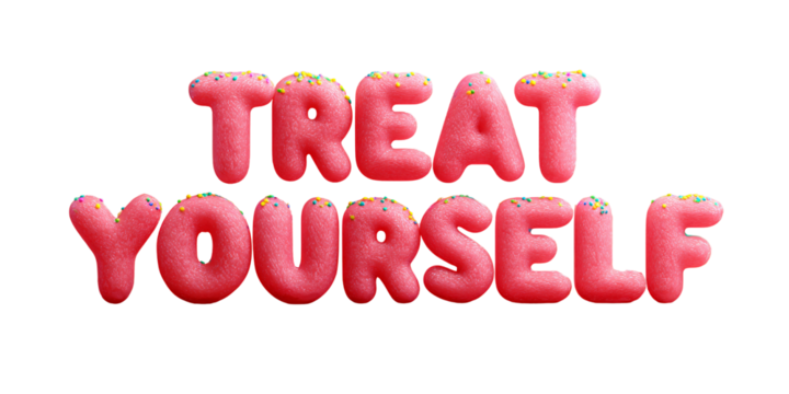 Sweet Treat Yourself message with pink frosted donut letters and colorful sprinkles on a black background Concept of indulgence, celebration, and selfcare
