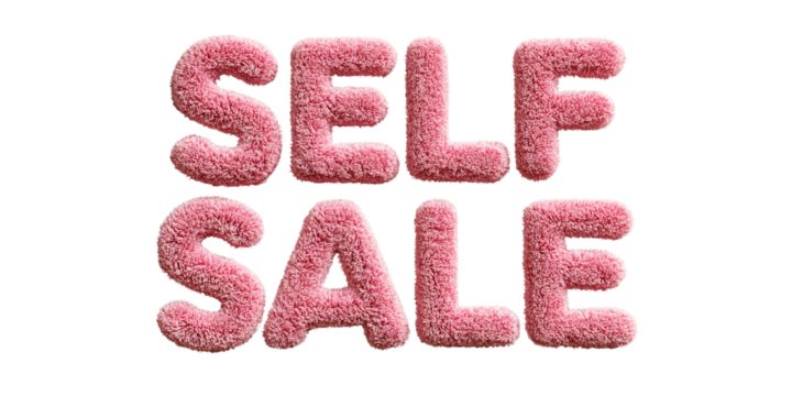 Fluffy pink SELF SALE text on black background Concept of promotion, discount, and retail marketing with soft, textured letters