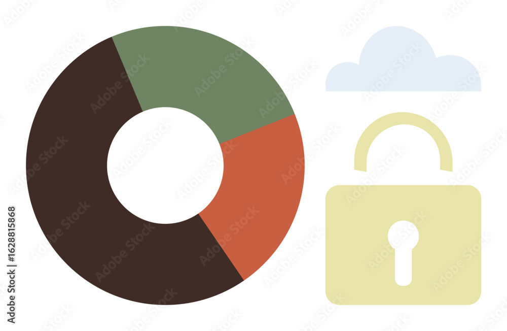 Poster circular pie chart in earthy tones next to a padlock and cloud, emphasizing data protection, secure 