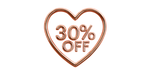 Rose gold heart with 30 off discount for Valentines Day sale promotion Romantic offer for special occasion with metallic balloon effect on black background