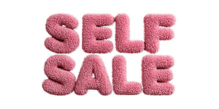Fluffy pink SELF SALE text on black background Concept of promotion, discount, and special offer with furry, soft, and vibrant 3D typography