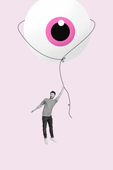 Template sketch trend artwork 3D photo collage of young man stand hand hold rope eyeball vision...