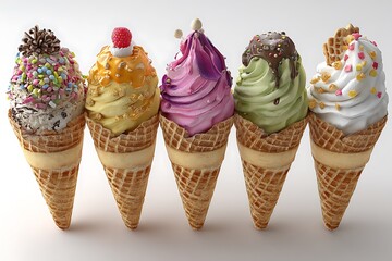 Five Vibrant Ice Cream Cones with Decorative Toppings  
