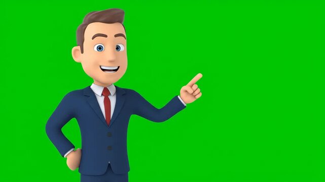 Animated Businessman Pointing, Presenting on Green Screen Background