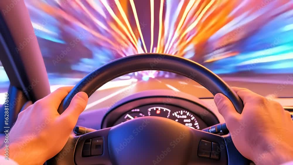 Poster driver hands gripping steering wheel with vibrant light trails creating motion blur effect. dashboar