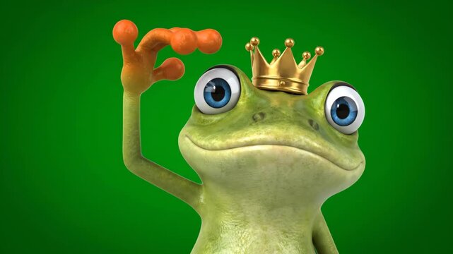 Cheerful 3D Animated Frog Prince Waving, Smiling, and Wearing a Crown on Green Screen