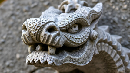 Textured stone carving resembling a dragon head with eyes
