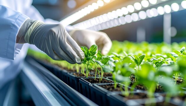 Scientist tending young plants in controlled environment