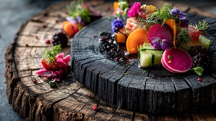 the image captures a meticulously arranged dish atop a rustic wooden surface