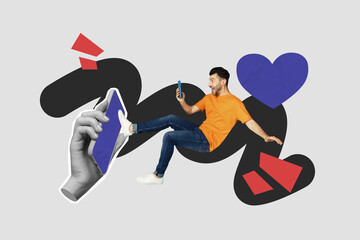 Trend collage of person use smartphone screen gadget have heart like on grey background