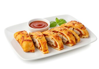 A sliced open pizza roll stuffed with chicken, cheese, and marinara sauce, placed neatly on a white platter with dipping sauce on the side, all isolated on a white background.