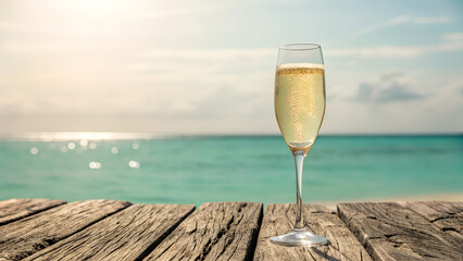 Champagne flute with bubbles on a wooden deck overlooking the ocean at sunset