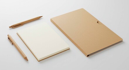 A minimalist stationery set featuring two pens a notebook and a folder on a plain white background space