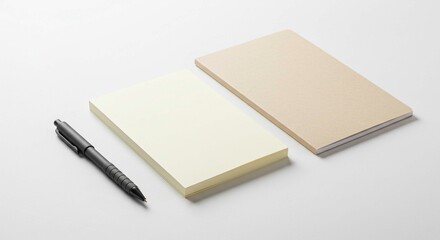 Two notebooks and a pen lying on a white surface in a minimalist composition for writing or drawing