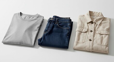 A folded gray t shirt next to folded blue jeans and a folded tan button up shirt on a white surface