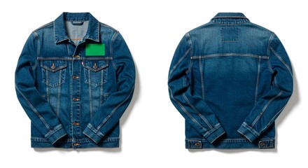 Front and back view of a blue denim jacket with a green patch on the chest pocket on white background
