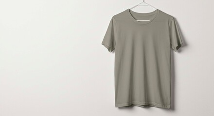A light green t shirt hanging on a white hanger against a white wall in a studio setting simple look