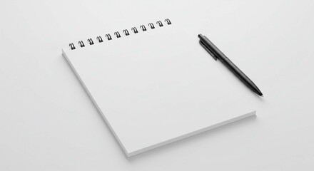 A blank spiral notebook with white pages and a black pen resting on top of the notebook surface