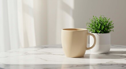 A simple still life featuring a mug and a potted plant on a marble surface with soft light and shadows