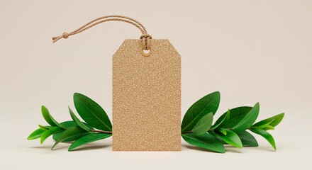 A blank textured tag with a jute string surrounded by green leaves on a neutral beige background plain