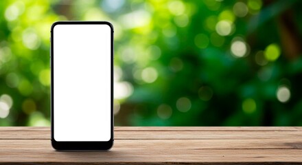 A smartphone with a blank white screen sits on a wooden table against a blurred green background outdoors