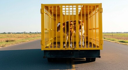 A calf stands in a yellow cage on the back of a truck driving down a road in a rural area on a sunny day