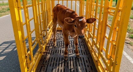A brown calf standing inside a yellow metal structure with a grated floor on a paved surface outdoors