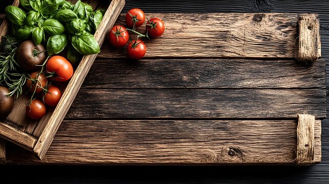 the image displays a rustic, wooden backdrop which serves as a base for fresh produce