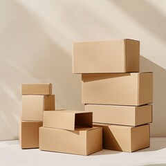 Obraz premium Cardboard boxes stacked, sunlight, minimal background, packaging