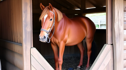 Unharnessed chestnut horse stands in wooden box of stable