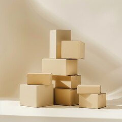 Obraz premium Beige Cardboard Boxes Stacked, Sunlight, Minimalist Studio, Packaging