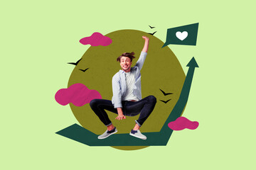 Creative pop collage of person ride on arrows with like icon green background