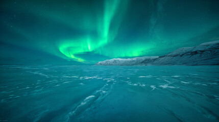 A vast landscape of snowy, icy plains stretches out against a backdrop of snow-capped mountains. Bright green northern lights illuminate the night sky.