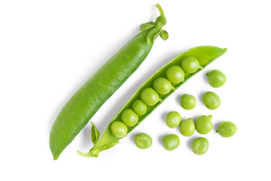 Open green pea pod with individual peas scattered around, isolated on white, transparent background. Image ideal for food designs, healthy lifestyle, and organic products legume, crop, food ingredient