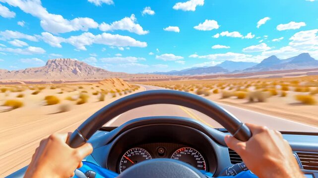 Driver's hands on steering wheel navigating empty road through arid desert landscape with mountains, blue sky and scattered clouds. Personal perspective with dashboard and speedometer visible.