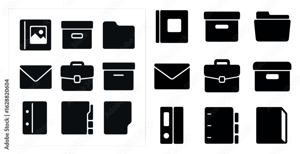 Poster document management solid icons set – filled, silhouette, office and file organization