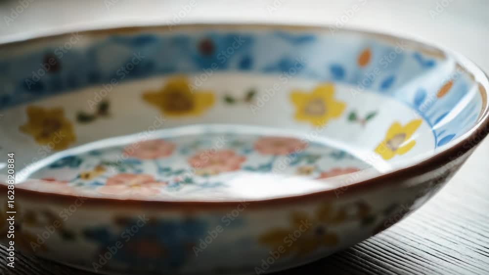 Poster a close-up shot of a bowl placed on a table, with various objects and textures visible